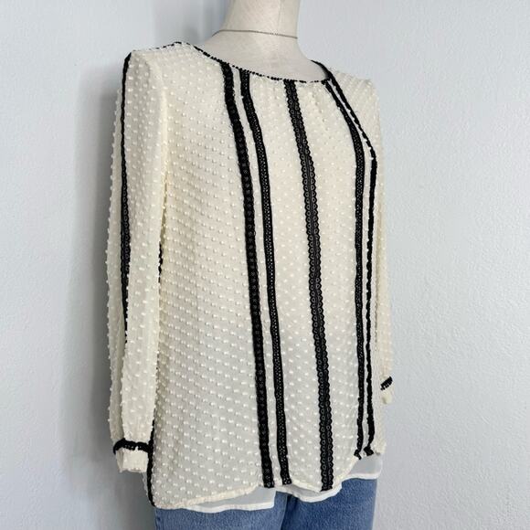 J.Crew Silk Blend Dot Texture Blouse Black Ivory Button Back Puff Sleeve SZ 8 - Picture 1 of 11